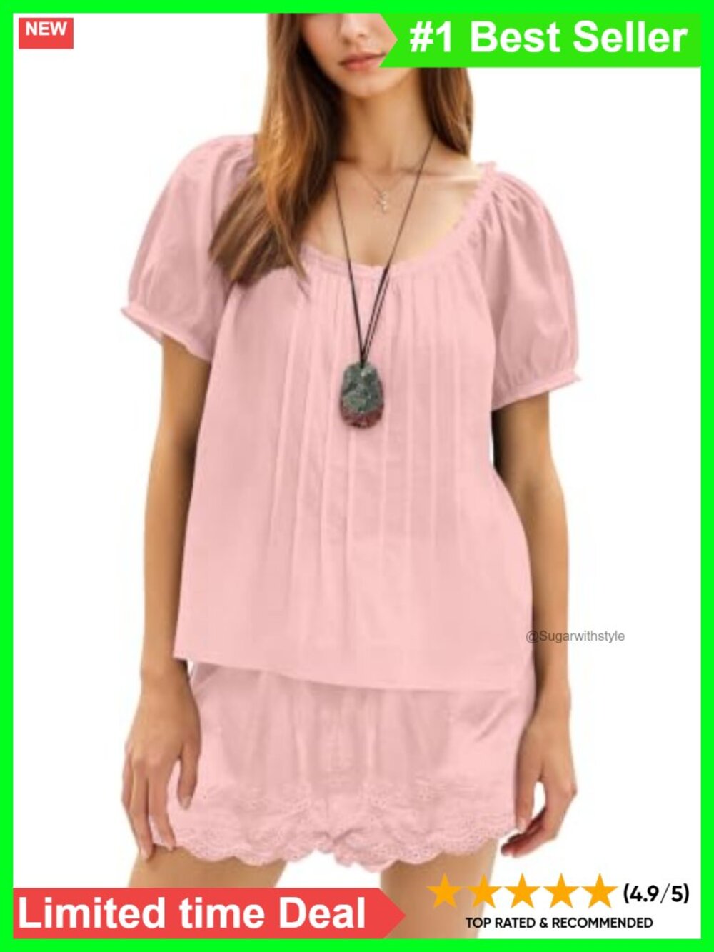 Women Cotton Puff Sleeve Babydoll Blouse Lace Shorts 2 Piece Set